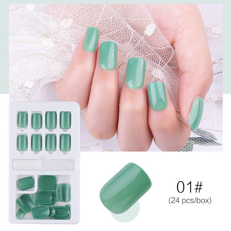 Reusable Stick-On-Nails in glossy mint green acrylic, featuring a rounded square shape and 24 assorted sizes