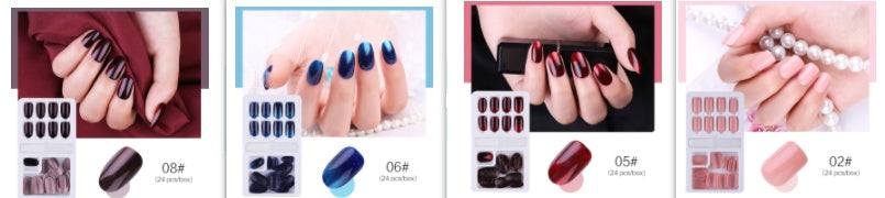 Reusable Stick-On-Nails in glossy dark plum, navy, burgundy and soft pink acrylic with multiple sizes