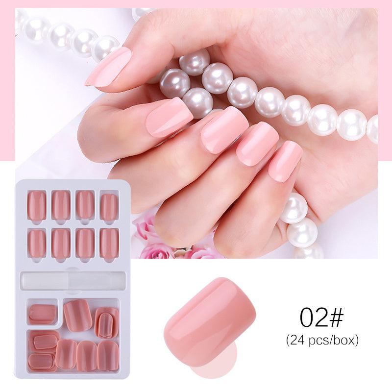 Reusable Stick-On-Nails in glossy soft pink acrylic with a rounded square shape, 24-piece set for manicures