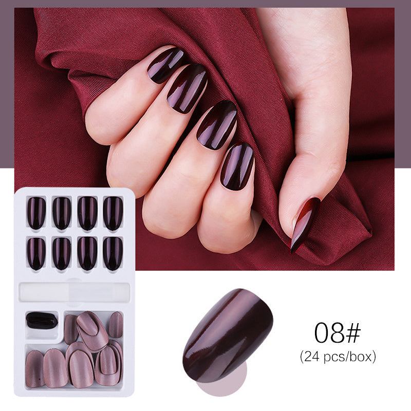Reusable Stick-On-Nails in glossy deep burgundy acrylic, almond-shaped with 24 assorted sizes in a box set