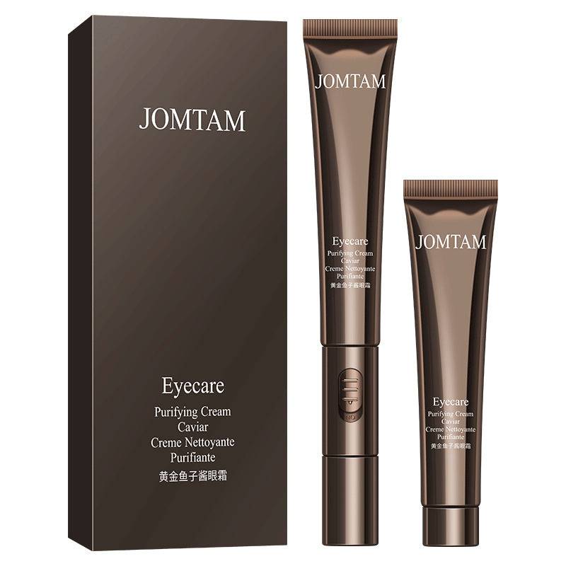 Revitalizing Eye Cream in brown metallic tubes with matching box, featuring JOMTAM branding and pump applicators