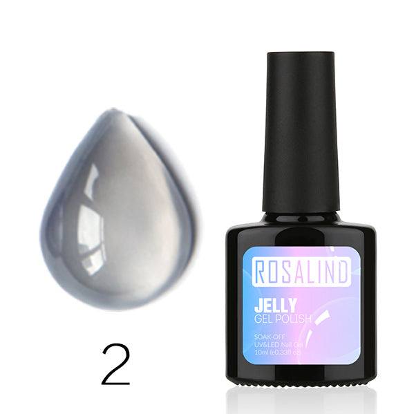 Translucent Nail Polish in a black bottle with pastel label and sheer grey gel swatch, numbered 2