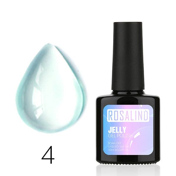 Translucent Nail Polish gel in a black bottle with pastel label and clear jelly polish swatch beside it