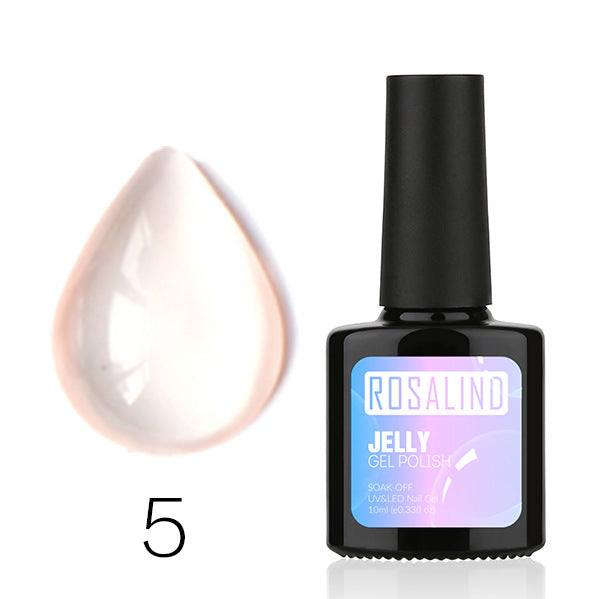 Translucent Nail Polish in a black bottle with pastel label, shown with a sheer pearlescent gel swatch
