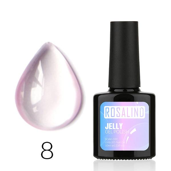 Translucent Nail Polish in a black bottle with pastel jelly gel polish label and sheer pink-lilac finish swatch