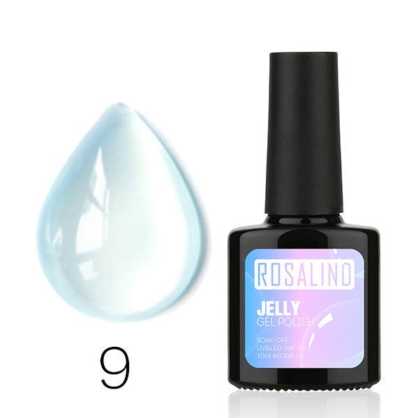 Translucent Nail Polish gel in a black bottle with pastel label, shown with a clear blue-tinted droplet and shade 9
