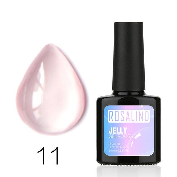 Translucent Nail Polish in a black bottle, with sheer pink jelly gel polish and glossy translucent finish-swatch
