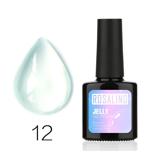 Translucent Nail Polish gel in a black bottle, featuring a pastel blue and pink label and sheer jelly finish sample
