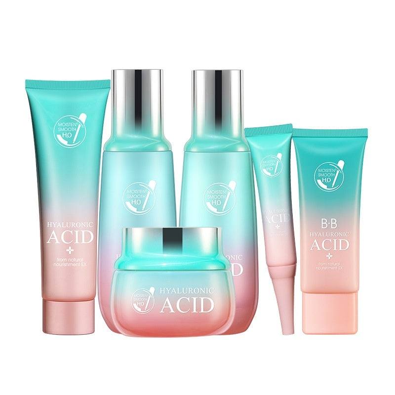 Ultimate Hydration Facial Care Set in turquoise and pink gradient packaging, featuring six hyaluronic acid skincare products
