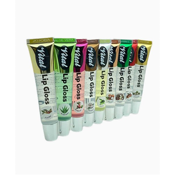 Vital Makeup Super Shine Lip Gloss tubes in assorted translucent shades with colourful labels and tube-tip applicators, displayed as a set