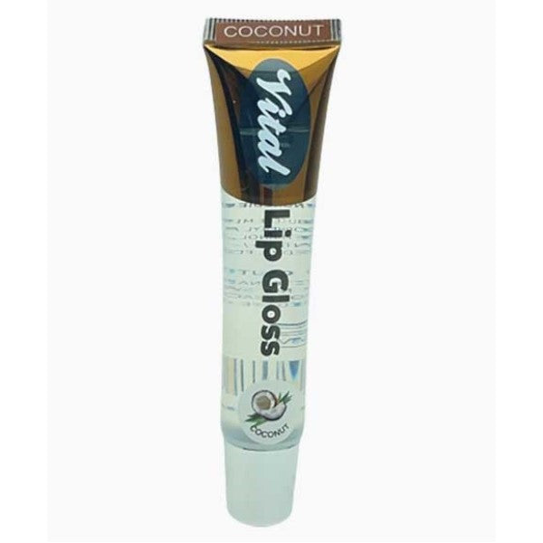 Vital Makeup Super Shine Lip Gloss tube in translucent coconut, with tube-tip applicator and glossy finish.