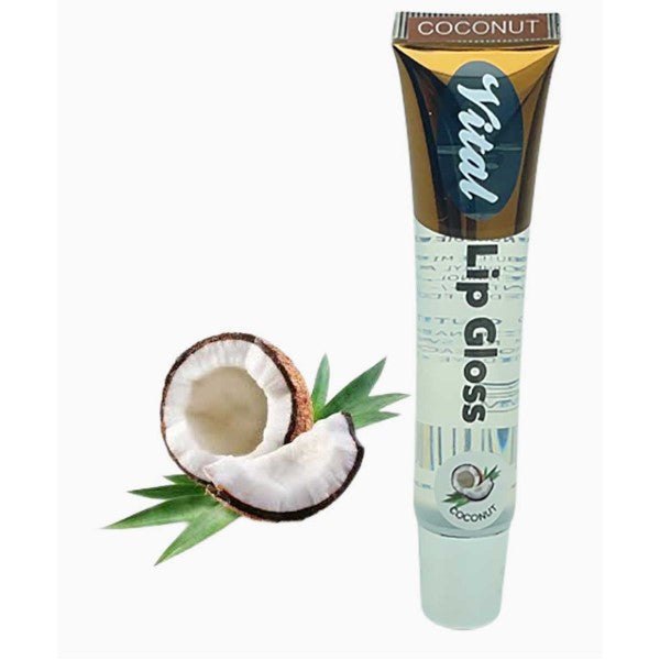 Vital Makeup Super Shine Lip Gloss in translucent mint tube with coconut label and tube-tip applicator, beside coconut halves