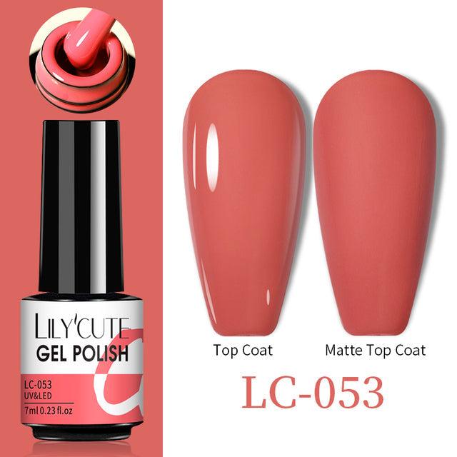 Gel nail polish in coral red, shown with glossy and matte swatches, Color Changing Thermal Gel LC-053 formula