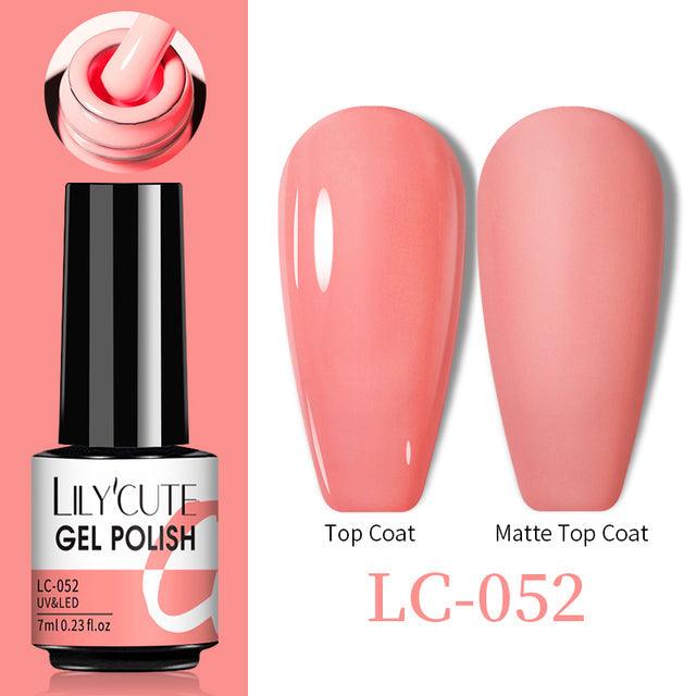 Gel nail polish bottle with pink coral Color Changing Thermal Gel, glossy and matte swatches, shade LC-052
