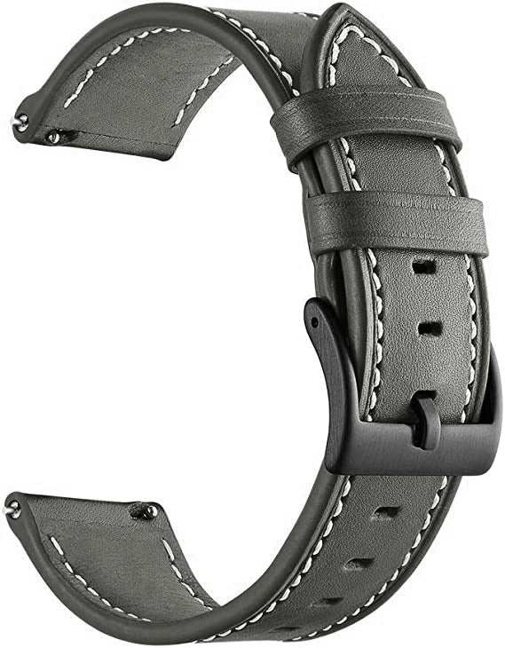 Leather Watch Strap in black leather with white contrast stitching, pin buckle, keeper loops and adjustment holes