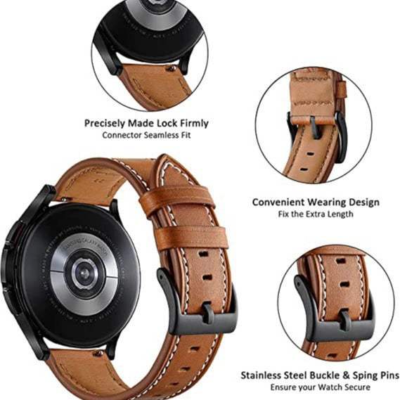 Leather Watch Strap in brown leather with white stitching, black buckle and adjustable keeper loops for a secure fit