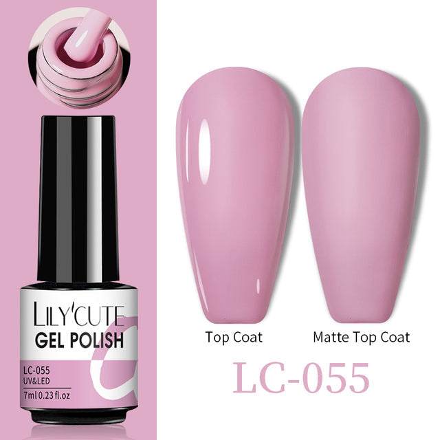 Gel nail polish in a glossy pink shade, with matching matte and shiny swatches; Color Changing Thermal Gel LG-055, 7ml bottle