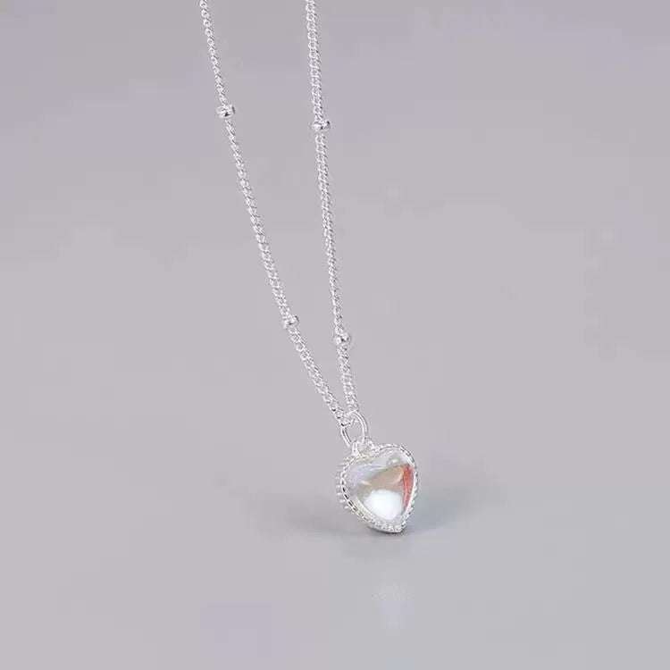 Japan-Korea Style Loving-Heart silver copper necklace with a clear heart pendant and delicate double chain detailing