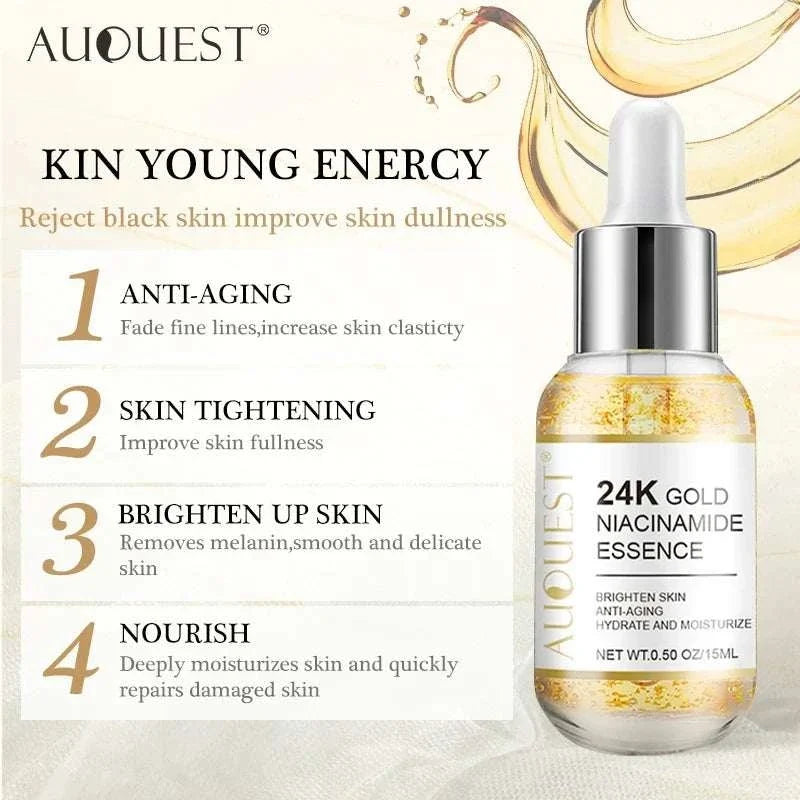 Anti-Wrinkle Facial Products Kit featuring AUQUEST 24K gold niacinamide essence serum in a clear dropper bottle