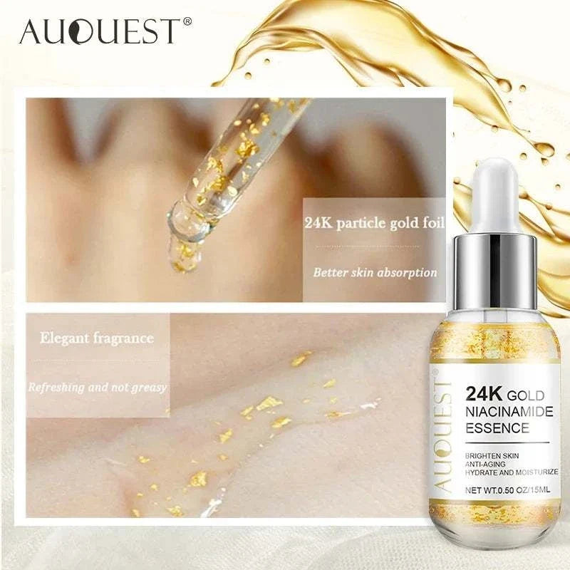 Anti-Wrinkle Facial Products Kit featuring AUQUEST 24K gold niacinamide essence serum with dropper bottle