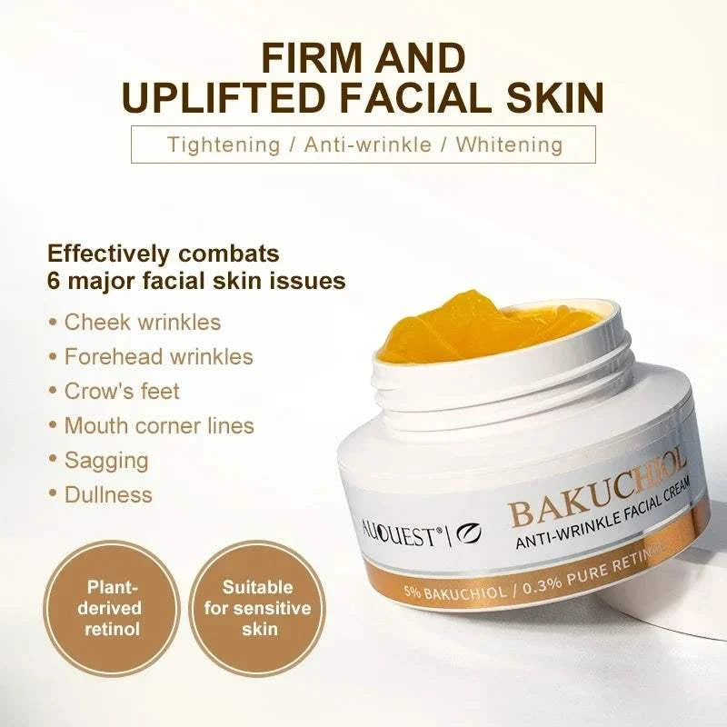 Anti-Wrinkle Facial Products Kit featuring AUQUEST Bakuchiol anti-wrinkle facial cream in a white jar