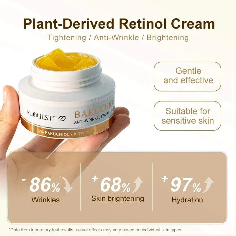 Anti-Wrinkle Facial Products Kit featuring open white Bakuchiol retinol cream jar with golden cream