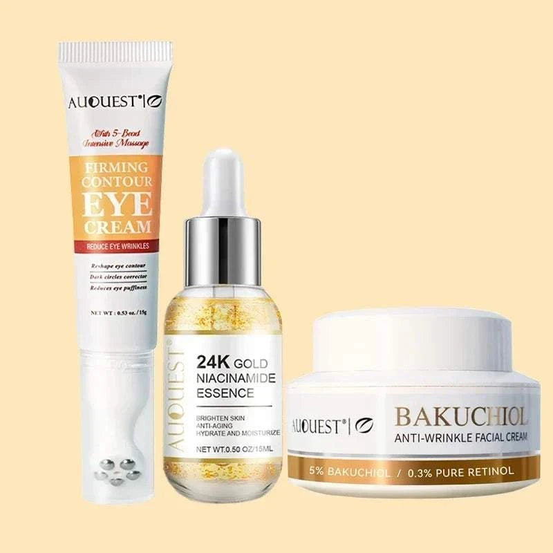 Anti-Wrinkle Facial Products Kit with white eye cream tube, gold serum dropper, and bakuchiol facial cream jar