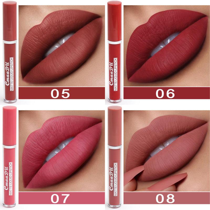 Women's Non-stick Cup matte liquid lipstick set in shades 05–08, featuring four red and pink tones and sleek tubes