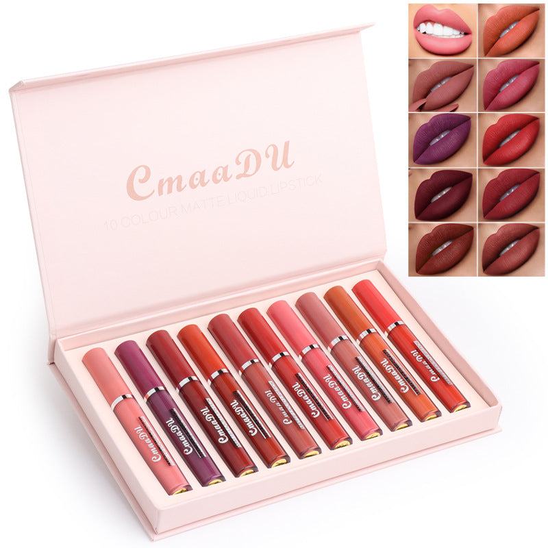 Women's Non-stick Cup matte liquid lipstick set with 10 pink, red and berry shades in a pink case