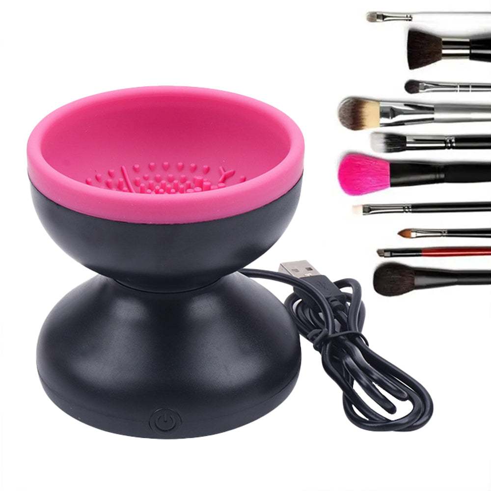 Electric Makeup Brush Cleaner in black ABS with pink silicone bowl, textured scrubbing surface, and USB cable