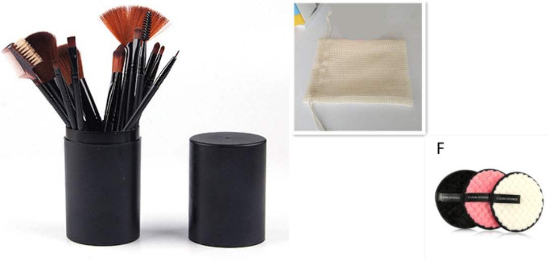 Makeup Brush Set with 12 black plastic handles and assorted soft brown and black bristles in a storage barrel.