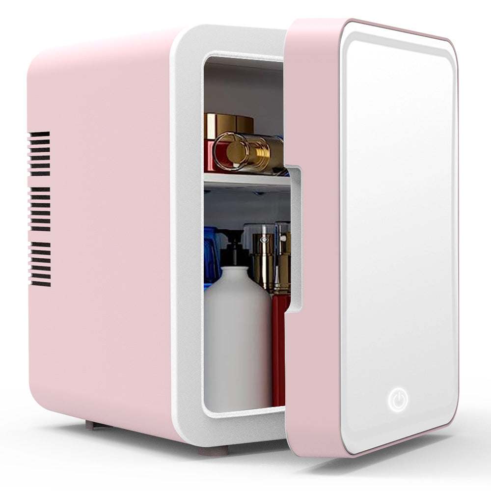 Refrigerator Mirror mini beauty fridge in pink ABS plastic with a mirrored door and built-in LED light ring
