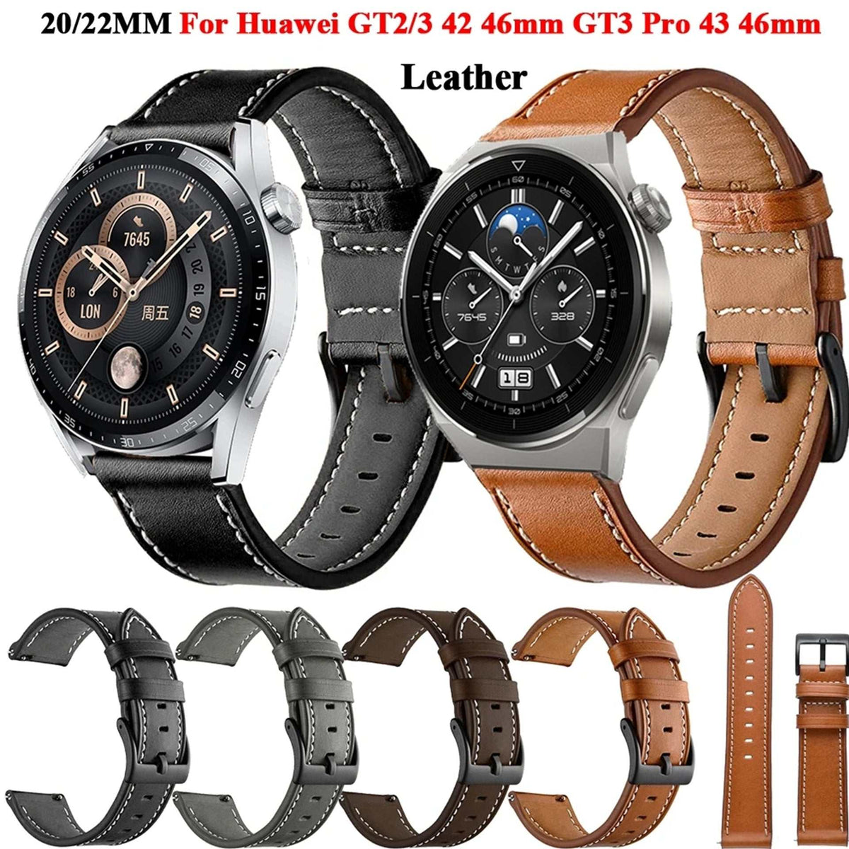 Leather Watch Strap in black and brown, genuine leather with contrast stitching and pin buckle closure, 20/22mm

