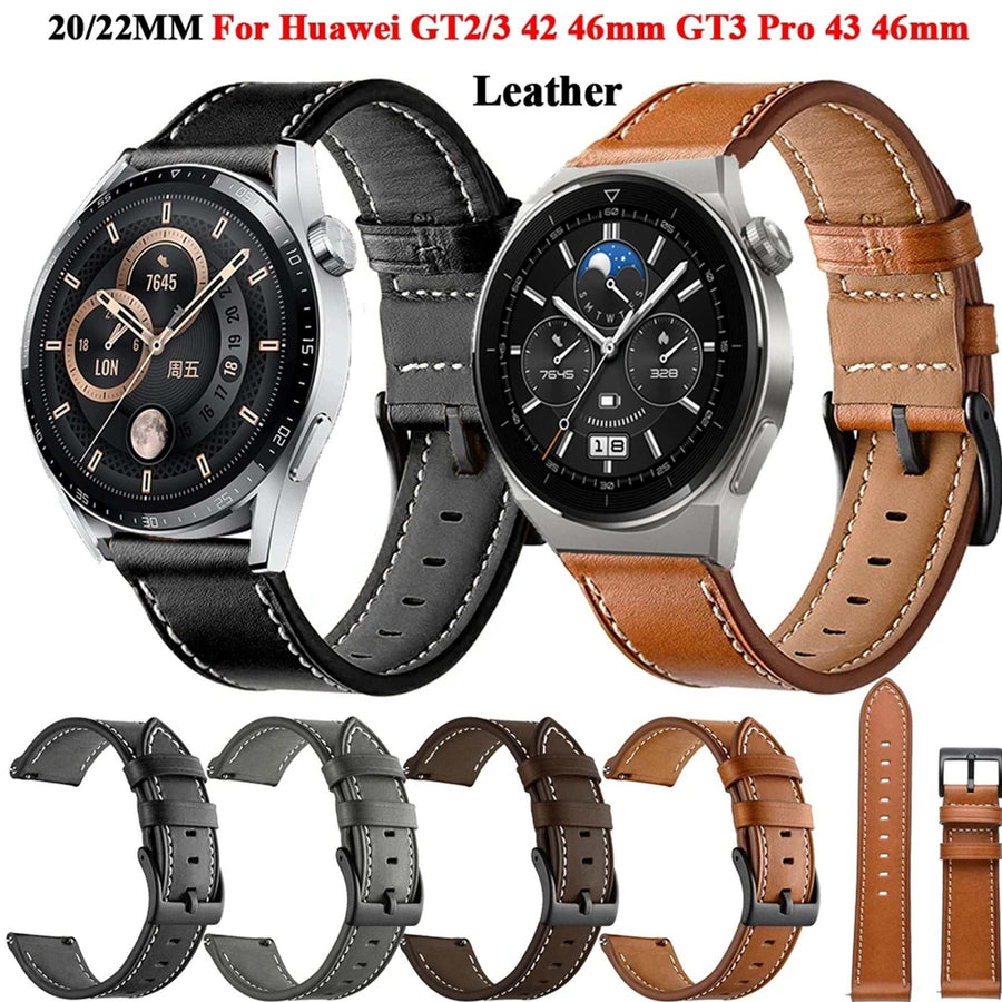 Leather Watch Strap in black and brown, genuine leather with contrast stitching and pin buckle closure, 20/22mm
