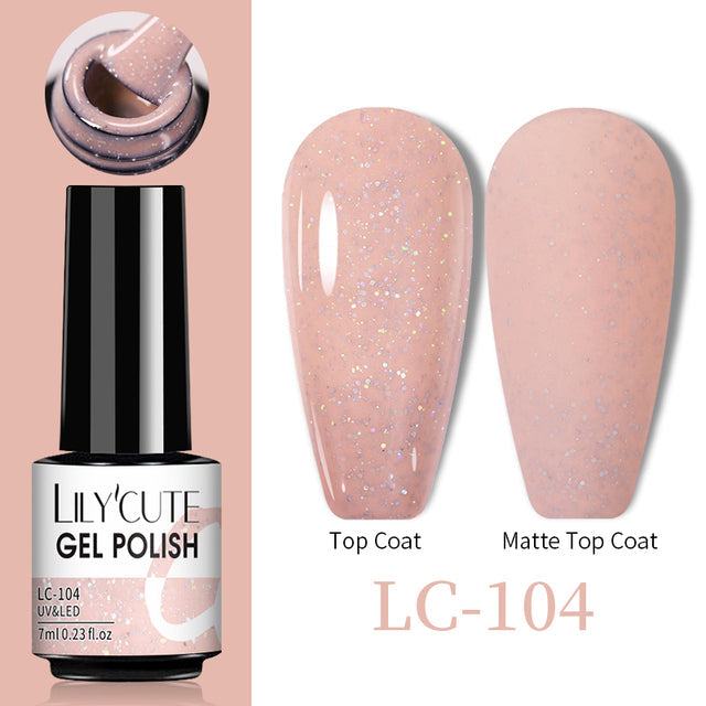 Color Changing Thermal Gel nail polish, pink glitter gel in a 7ml bottle with glossy and matte swatches