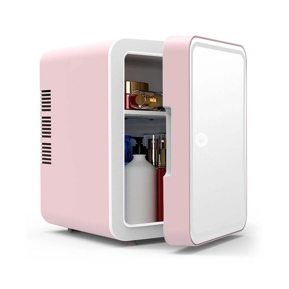Refrigerator Mirror mini skincare fridge in pink ABS plastic, with a mirrored door and compact LED-lit interior shelving
