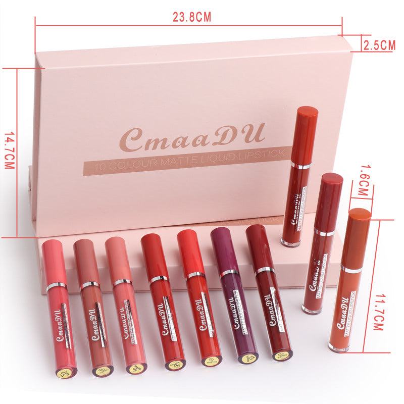 Women's Non-stick Cup matte liquid lipstick set, ten waterproof shades in slim tubes with metallic bands