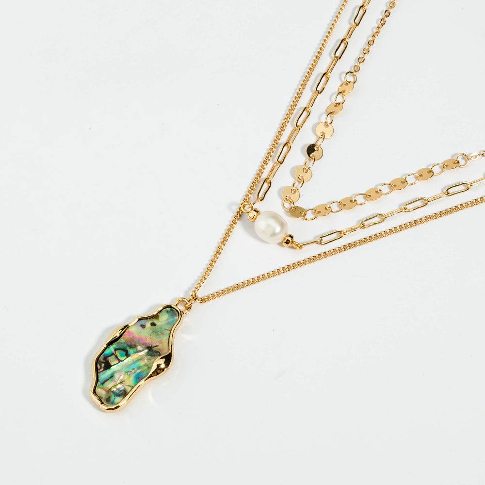 Fashion Personality gold-tone layered necklace with iridescent abalone shell pendant and white pearl accent