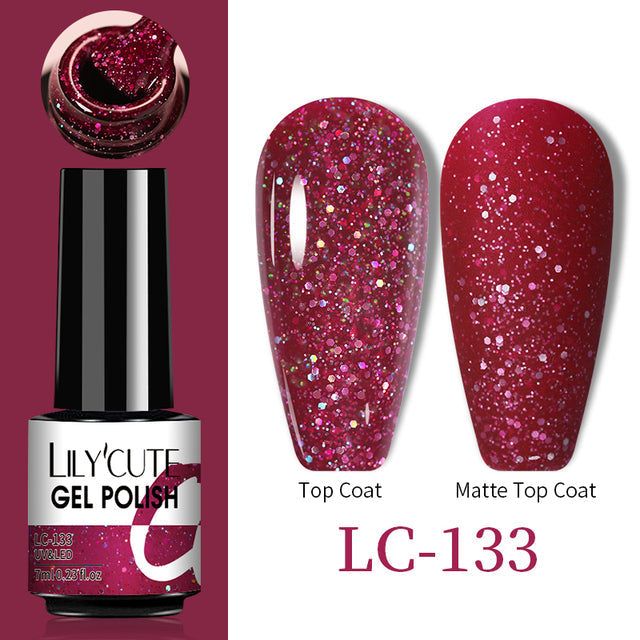 Gel nail polish in deep burgundy with pink and silver glitter, Color Changing Thermal Gel finish, shade LC-133