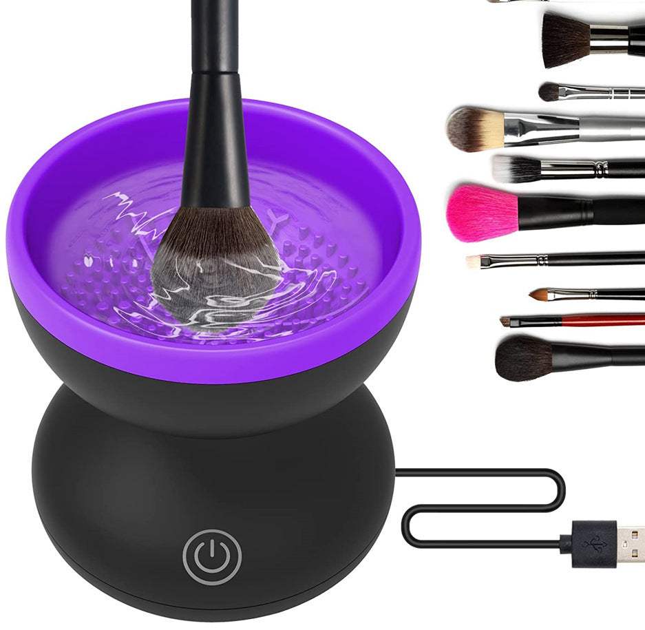 Electric Makeup Brush Cleaner in black ABS with purple silicone bowl, USB power, and one-button operation