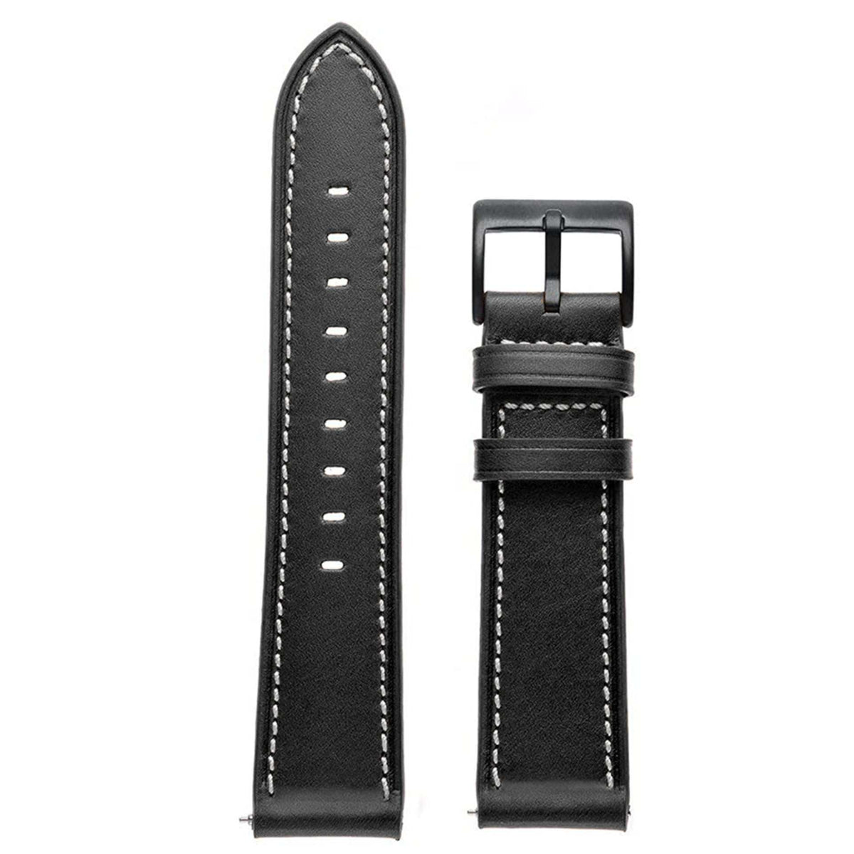 Leather Watch Strap in black leather with white contrast stitching, buckle closure and multiple adjustment holes