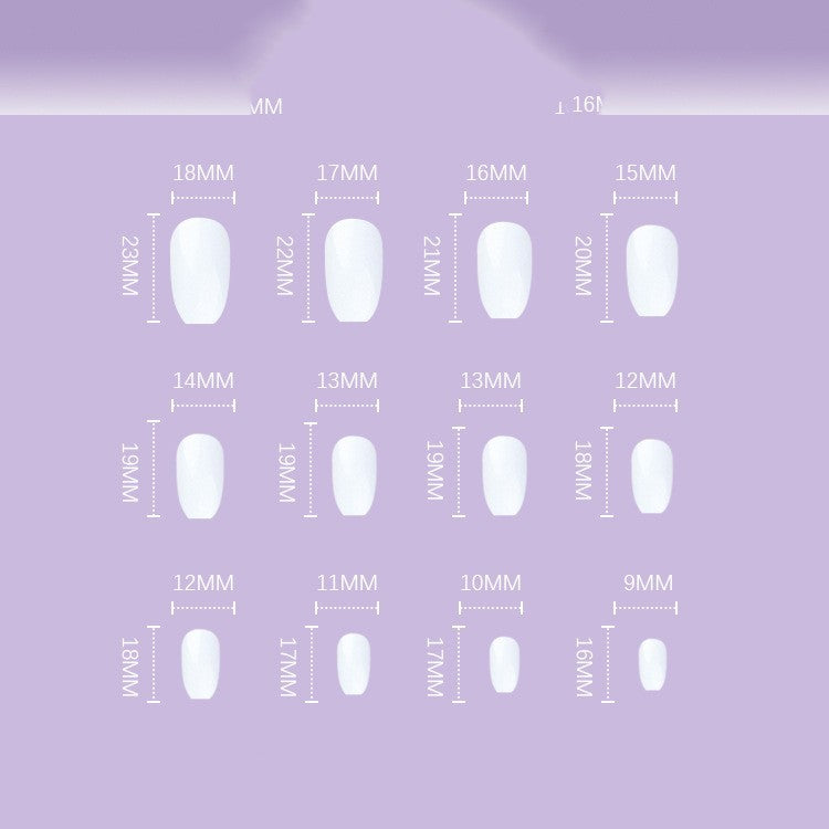 Ice Glitter Short Ballet white short oval artificial nails in assorted sizes with measurement markings