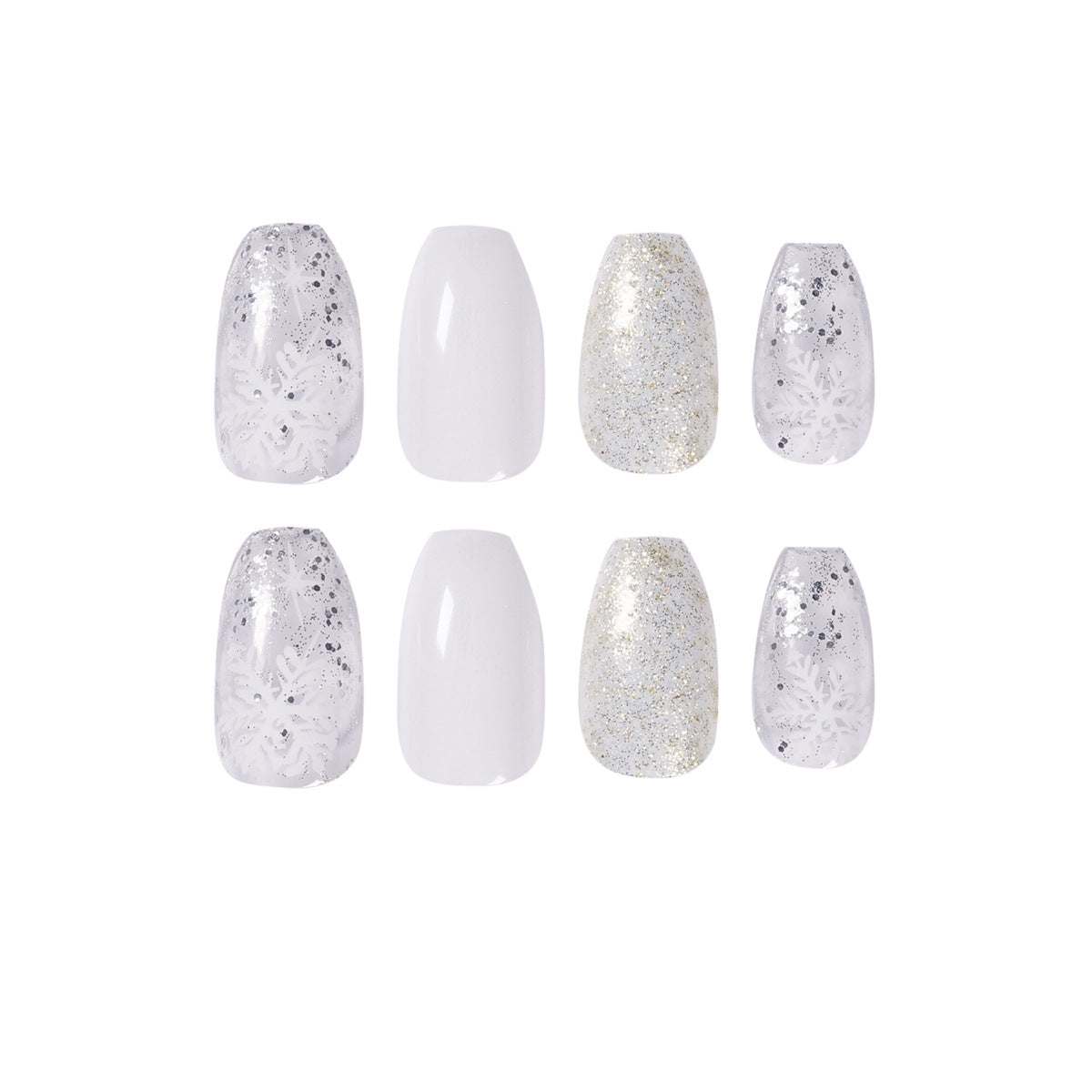 Ice Glitter Short Ballet fake nails in white and silver, featuring glitter, floral patterns, and glossy finishes