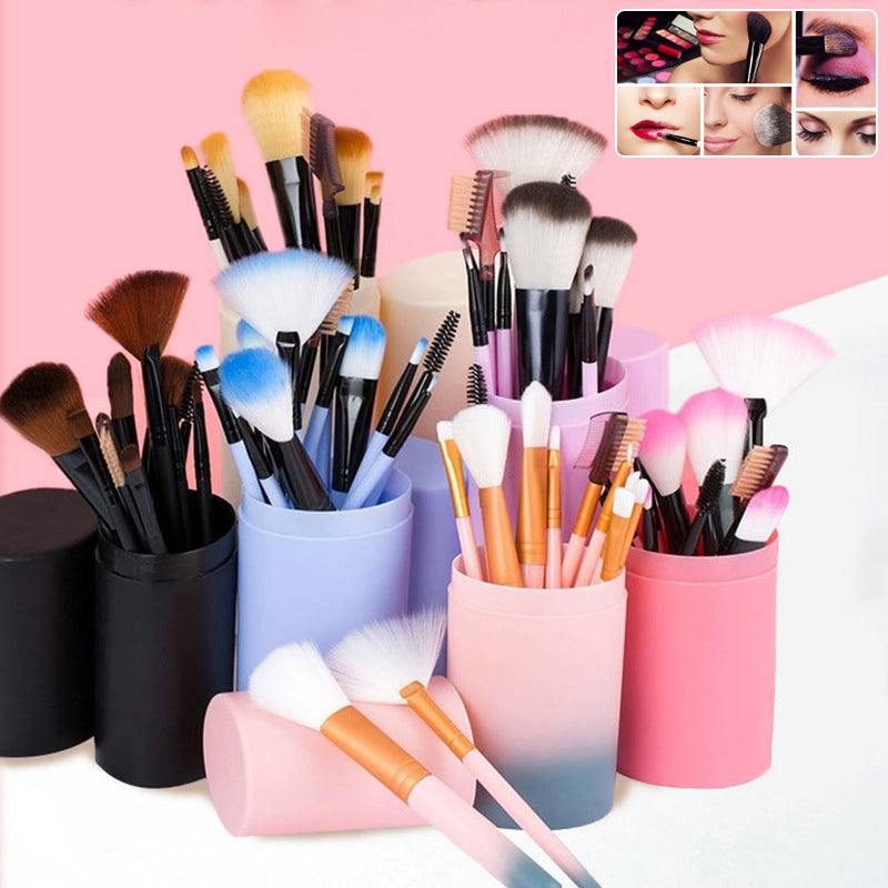 Makeup Brush Set with assorted pink, black and blue plastic handles and soft synthetic bristles in varied shapes