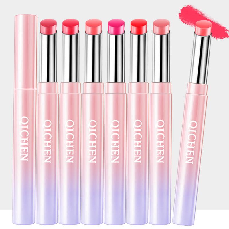 Waterproof lipstick in iridescent pink and lavender tubes, featuring seven vibrant shades and a swatch
